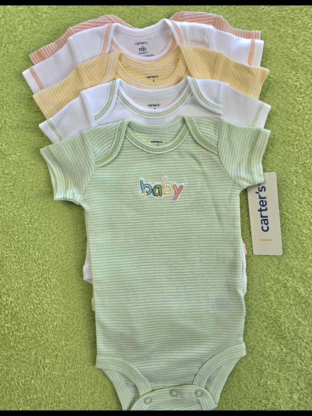 NWT 5pk NEWBORN UNISEX Baby Green Yellow Orange Striped One-Piece Bodysuits (Q1)